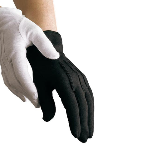 Dinkles cotton performance gloves in black and white, featuring lightweight breathable fabric with a smooth, flexible fit for precise hand control, ideal for marching band, drum major performances, color guard, ceremonial use, and indoor practice.