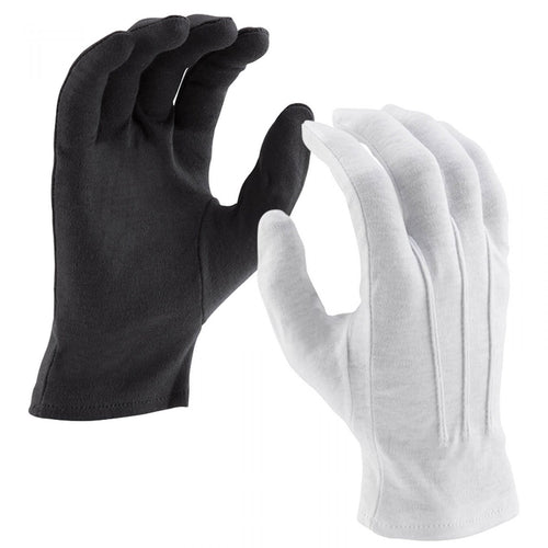 DSI cotton performance gloves in black and white featuring full-finger coverage, soft breathable cotton fabric, and a snug wrist fit, designed for comfort, flexibility, and clean uniform presentation in marching band, color guard, drumline, and ceremonial performances.