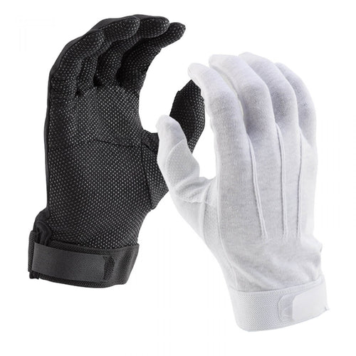 DSI Deluxe Hook & Loop Sure Grip Gloves in black and white featuring enhanced non-slip grip palm, full-finger design, and adjustable hook-and-loop wrist strap for secure fit, control, and durability during marching band, drumline, color guard, and performance use.