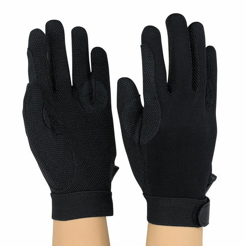 StylePlus Deluxe Sure Grip Gloves in black, featuring full-finger construction, textured non-slip grip palms, reinforced fingertips, and adjustable wrist strap for secure fit, designed for marching band, drumline, color guard, and precision performance use.