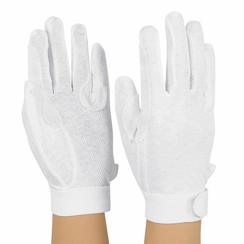 StylePlus Deluxe Sure Grip Gloves in white, featuring full-finger design, textured non-slip grip palms, adjustable wrist closure, and breathable performance fabric, ideal for marching band, drumline, color guard, and precision uniform performances.