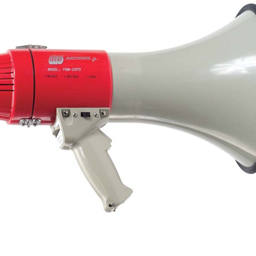 DSI Director handheld megaphone with red-and-white housing and ergonomic pistol-grip handle, engineered for powerful voice projection in marching band direction, rehearsals, crowd control, outdoor events, and large-group communication.