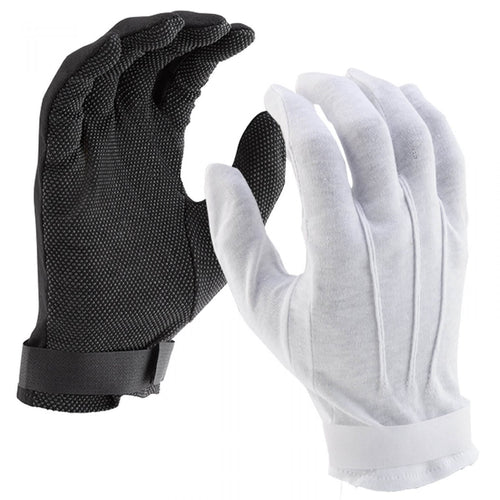 DSI Economy Hook & Loop Sure Grip Gloves in black and white featuring textured non-slip grip palm, full-finger design, and adjustable hook-and-loop wrist closure for reliable control, comfort, and durability during marching band, drumline, color guard, and performance activities.