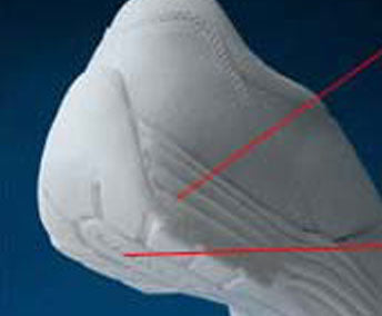 Close-up of the Dinkles Edge marching band shoe heel and outsole geometry, highlighting the reinforced heel strike zone, angled heel design, and shock-absorbing construction engineered to improve roll-through, reduce impact, and enhance stability during marching band drills, shows, and long-distance performances.