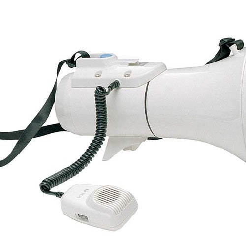 DSI Enforcer handheld megaphone with wired microphone and shoulder strap, featuring a powerful white bullhorn speaker for clear voice projection—ideal for crowd control, events, sports coaching, emergency response, and public announcements.