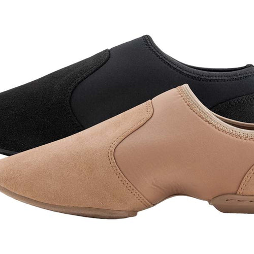 DSI Ever-Jazz dance shoes shown in black and nude, featuring slip-on jazz footwear with stretch neoprene panels, suede finish, and low-profile sole designed for jazz dance, stage performances, rehearsals, and studio training.