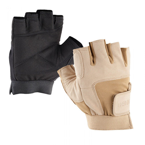 DSI Ever-Dri fingerless performance gloves shown in black and tan color options, featuring moisture-wicking fabric, reinforced palm grip, adjustable wrist strap, and ergonomic design for marching band, drumline, color guard, and high-performance rehearsal use.