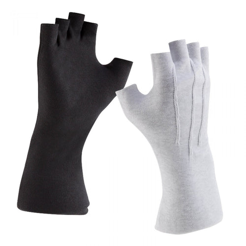 DSI fingerless long wrist cotton gloves in black and white with extended cuff design, breathable soft cotton fabric, and open-finger construction for enhanced dexterity, offering a clean professional appearance and comfortable fit for marching band, color guard, drumline, and performance use.