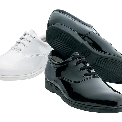 Dinkles formal marching shoes in black and white, featuring a high-gloss synthetic leather upper, classic lace-up design, slip-resistant rubber outsole, and cushioned interior, ideal for marching band, parade performances, concert uniforms, and formal drill team use.