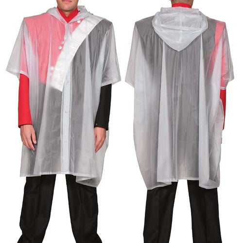 DSI Front Snap Poncho shown in front and back view, featuring a clear, lightweight waterproof poncho with front snap-button closure and integrated hood, designed to fit comfortably over marching band uniforms while providing reliable rain protection, visibility, and freedom of movement during outdoor performances, rehearsals, and parades.