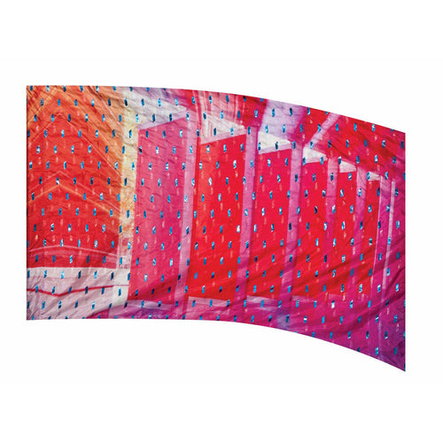 A multicolored geometric-patterned flag with prominent red tones, displayed against a white background.