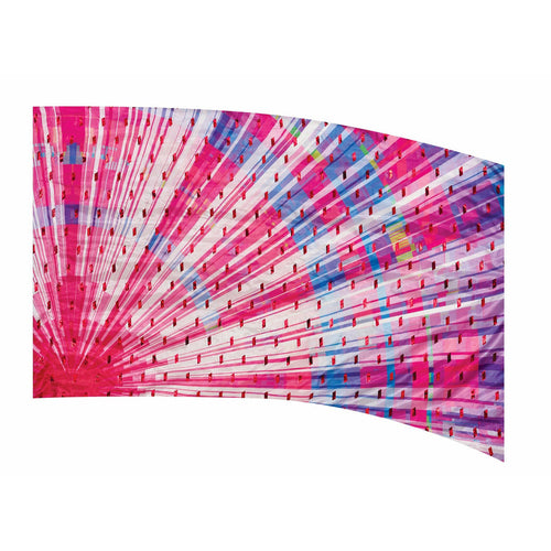 A multicolored banner featuring a pattern of geometric shapes in pink, blue, and red.