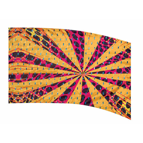 A flag with a geometric pattern featuring yellow, pink, and black colors.