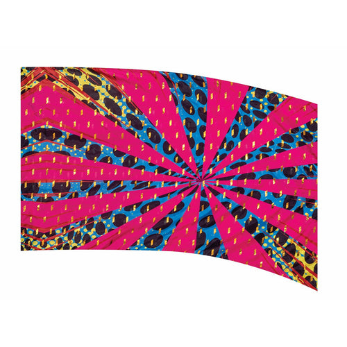 A multicolored flag with a geometric pattern, featuring pink, blue, and black colors.