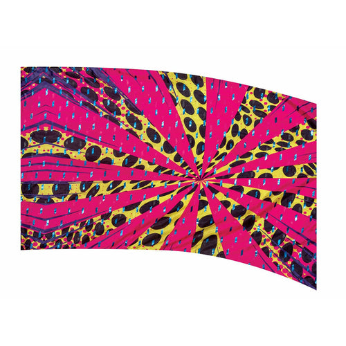 A colorful flag featuring geometric patterns with prominent pink and yellow colors
