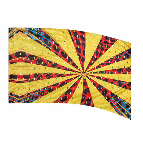 A colorful geometric-patterned flag with a yellow, red, and blue design.