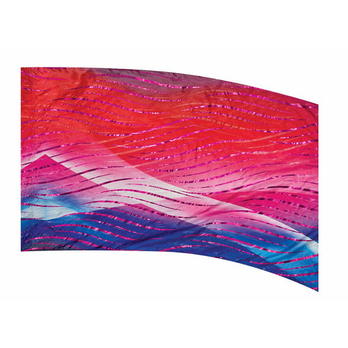 A colorful flag with red, blue, and purple stripes, with a curved shape.