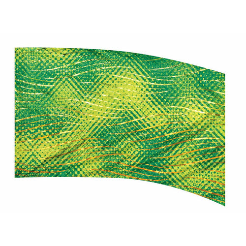 A curved indooroutdoor decorative flag with a geometric pattern in green and yellow colors.