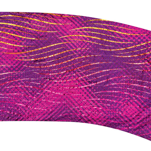 A multicolored geometric patterned flag with pink and purple colors prominently used as a curtain.