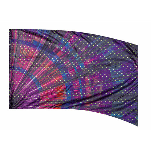 A multicolored geometric patterned flag blowing in the wind.