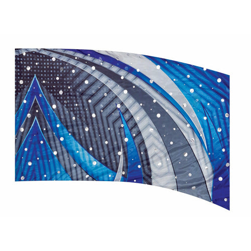 A curved banner with a geometric pattern design predominantly in blue and white colors.