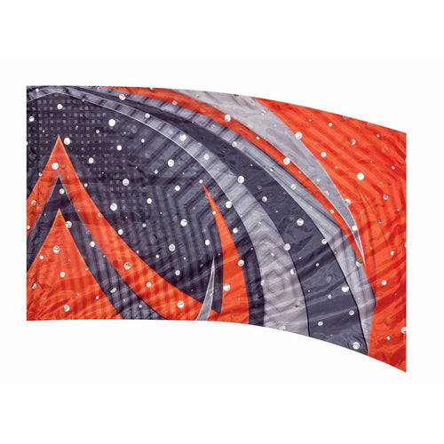 A flag with geometric pattern featuring orange, gray, and black colors.