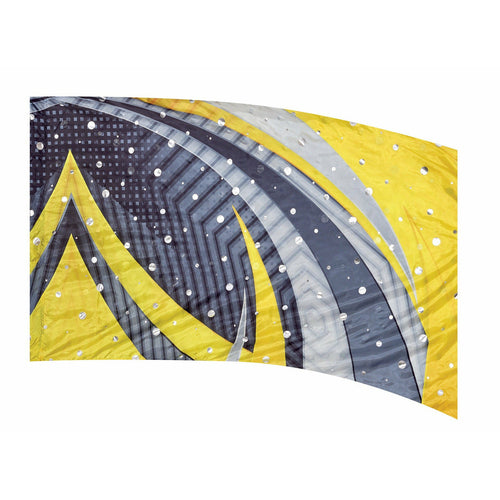 A flag with geometric patterns in yellow, gray, and black colors with a series of dots.