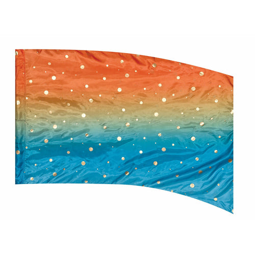 A flag with a gradient of orange to blue colors, featuring a pattern of white dots that resemble stars.