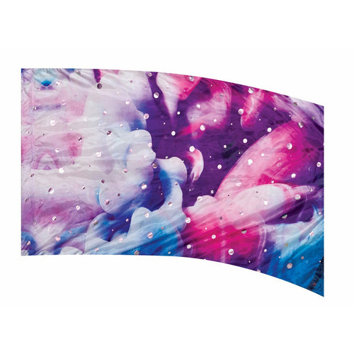 A flag with a geometric pattern featuring a mix of purple, pink, blue, and white colors.