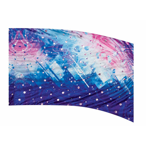 A flag with a geometric pattern featuring a blend of blue and pink colors with white accents.