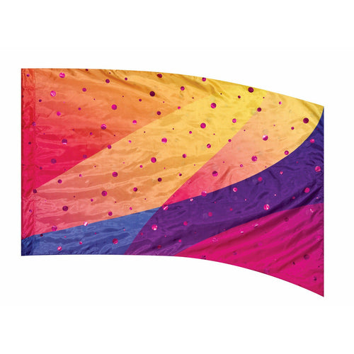 A colorful flag with geometric patterns and stripes in shades of yellow, red, blue, and purple.