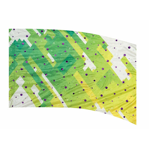A flag with a geometric pattern featuring angles in green, yellow, and white colors.