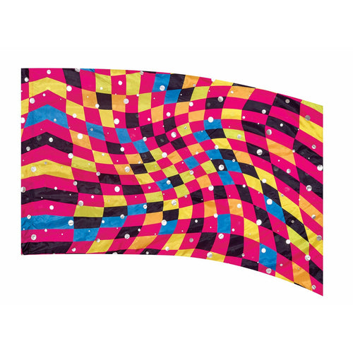 A colorful geometric patterned flag with a mix of multicolored squares.
