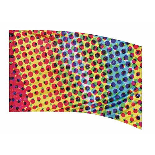 A colorful flag with a geometric pattern of dots in multiple colors on a white background.