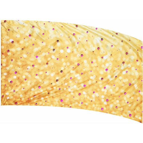 A curved decorative flag with a gold color and pink accents.