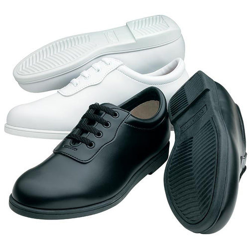 Dinkles Glide marching shoes in black and white featuring smooth leather uppers, lace-up design, non-slip rubber outsole, and lightweight cushioned sole, engineered for marching band performance, long rehearsals, parades, and indoor drill with enhanced comfort, traction, and durability.
