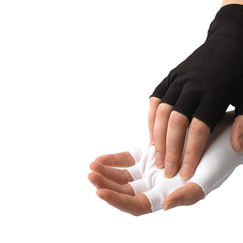 Dinkles half-finger nylon gloves in black and white, featuring lightweight stretch fabric with open fingertips for enhanced dexterity and breathability, ideal for marching band, drumline, color guard, indoor performances, and precision hand movements.