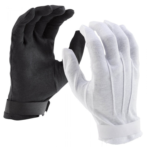 DSI Hook & Loop Cotton Gloves in black and white featuring adjustable hook-and-loop wrist closure, soft breathable cotton fabric, and full-finger design for secure fit, comfort, and reliable performance in marching band, drumline, color guard, and rehearsal use.