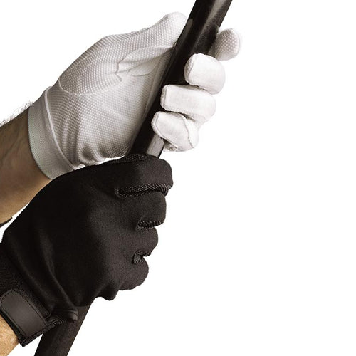 Dinkles Hook-N-Loop Closure Sure Grip Gloves in black and white, featuring textured non-slip palms and adjustable wrist strap, shown gripping a baton for secure control, ideal for marching band, drumline, color guard, and performance use.