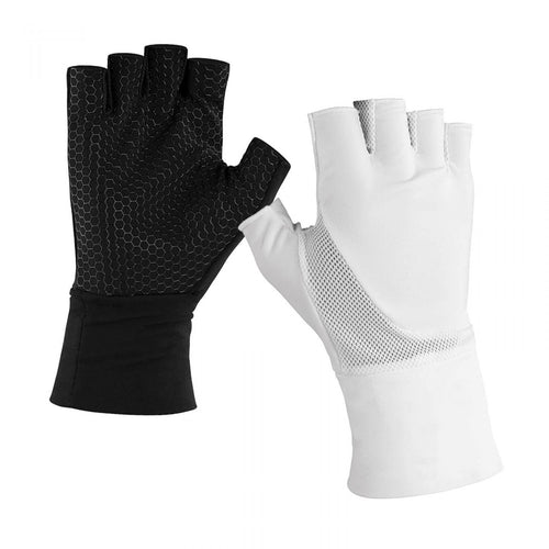 DSI Hyperformance fingerless performance gloves in black and white featuring a hex-patterned grip palm, breathable stretch fabric, and extended wrist support, designed for enhanced control, flexibility, and comfort in marching band, color guard, drumline, and precision performance activities.