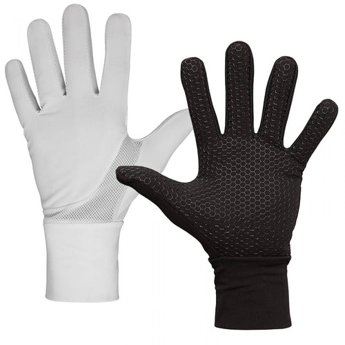DSI Hyperformance full-finger performance gloves in black and white featuring a breathable stretch fabric, reinforced thumb panel, and hex-patterned grip palm for superior control, flexibility, and durability, ideal for marching band, color guard, drumline, and high-precision performance use.