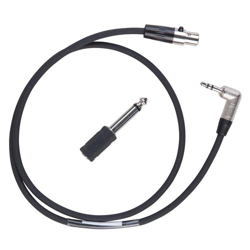 DSI iKenny Cable (18-inch) audio connection cable featuring a right-angle 3.5mm plug, 1/4-inch adapter, and XLR connector, designed for secure and reliable audio connectivity between wireless body pack transmitters, sound machines, and auxiliary audio equipment used in marching band performances and rehearsals.
