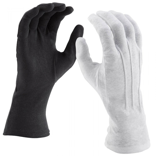 DSI long wrist cotton gloves in black and white featuring full-finger coverage, extended cuff design, and soft breathable cotton fabric, providing a clean professional look, secure fit, and all-day comfort for marching band, color guard, drumline, and ceremonial performances.