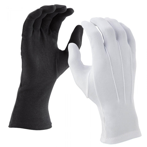 DSI Long Wrist Nylon Gloves in black and white featuring a smooth lightweight nylon construction, full-finger design, and extended wrist length for a secure fit, enhanced control, and a clean professional look for marching band, drumline, color guard, and performance use.