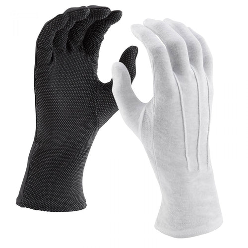 DSI Long Wrist Sure Grip gloves in black and white featuring extended wrist coverage, textured non-slip grip palm, and full-finger performance fit, designed for enhanced control and durability in marching band, drumline, color guard, and performance use.