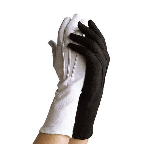 Dinkles long-wristed cotton gloves in black and white, featuring extended cuffs for a clean uniform look and smooth fitted design, ideal for marching band, drum major, color guard, ceremonial performances, and formal band uniforms.