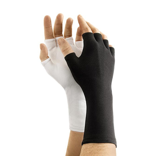 Dinkles long-wristed half-finger nylon gloves in black and white, featuring extended wrist coverage and open fingertips for flexibility, designed for marching band, color guard, drum major performances, and precision ceremonial use.