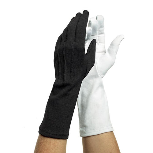 Dinkles long-wristed nylon gloves in black and white, featuring full-finger coverage and extended wrist length for a secure, polished fit, ideal for marching band, color guard, drum major performances, and formal ceremonial use.