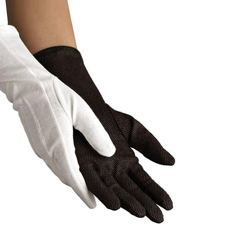 Dinkles long-wristed sure grip gloves in black and white, featuring full-finger coverage, textured grip palms, and extended wrist length for enhanced control and a clean, professional look, ideal for marching band, color guard, drum major performances, and ceremonial use.