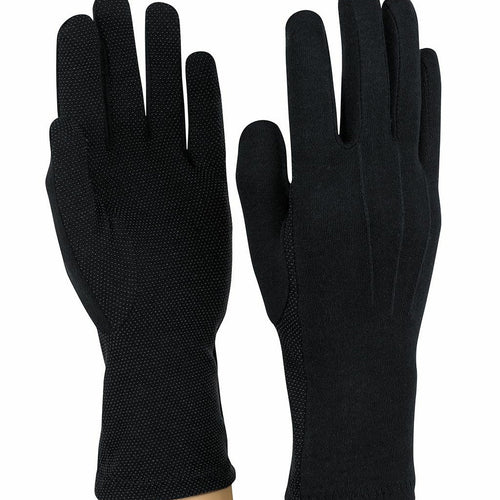 StylePlus Long Wristed Sure Grip Gloves in black, featuring extended wrist length, full-finger construction, textured non-slip grip palms, and performance stretch fabric, designed for marching band, drumline, color guard, and precision uniform performances.
